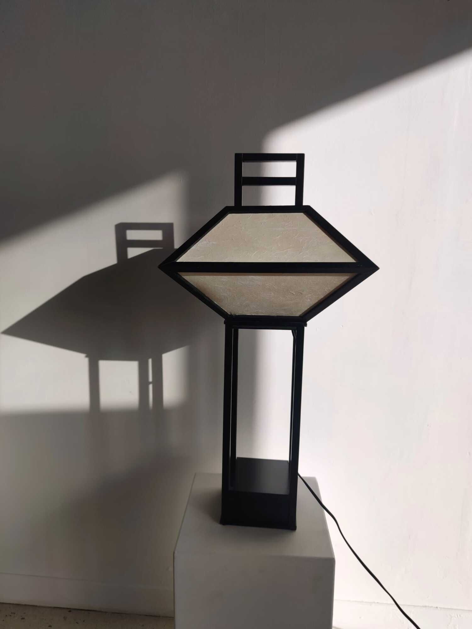 Japanese lamp in black lacquered wood and rice paper H:75cm
