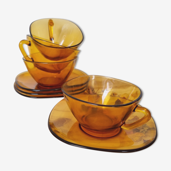 Four cups coffee Vereco amber vintage saucers