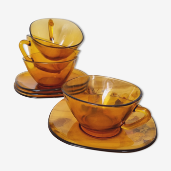 Quatre tasses café Vereco ambré vintage soucoupes