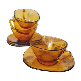 Quatre tasses café Vereco ambré vintage soucoupes