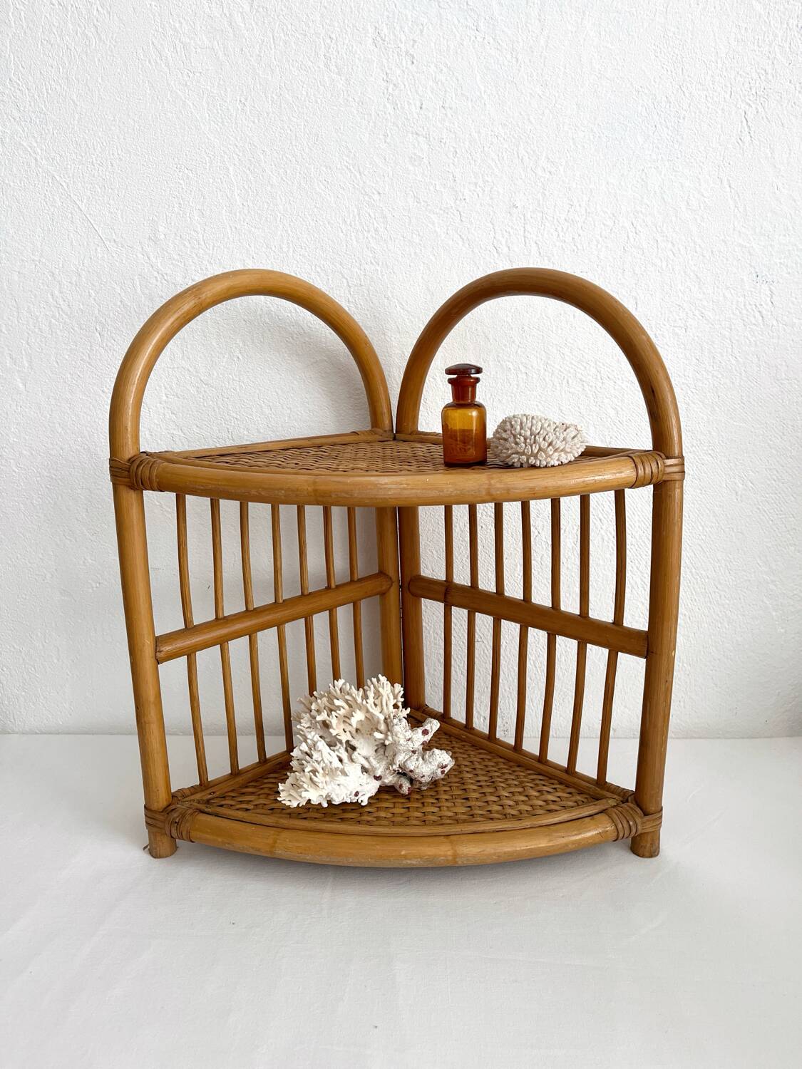 Vintage bamboo and rattan corner shelf