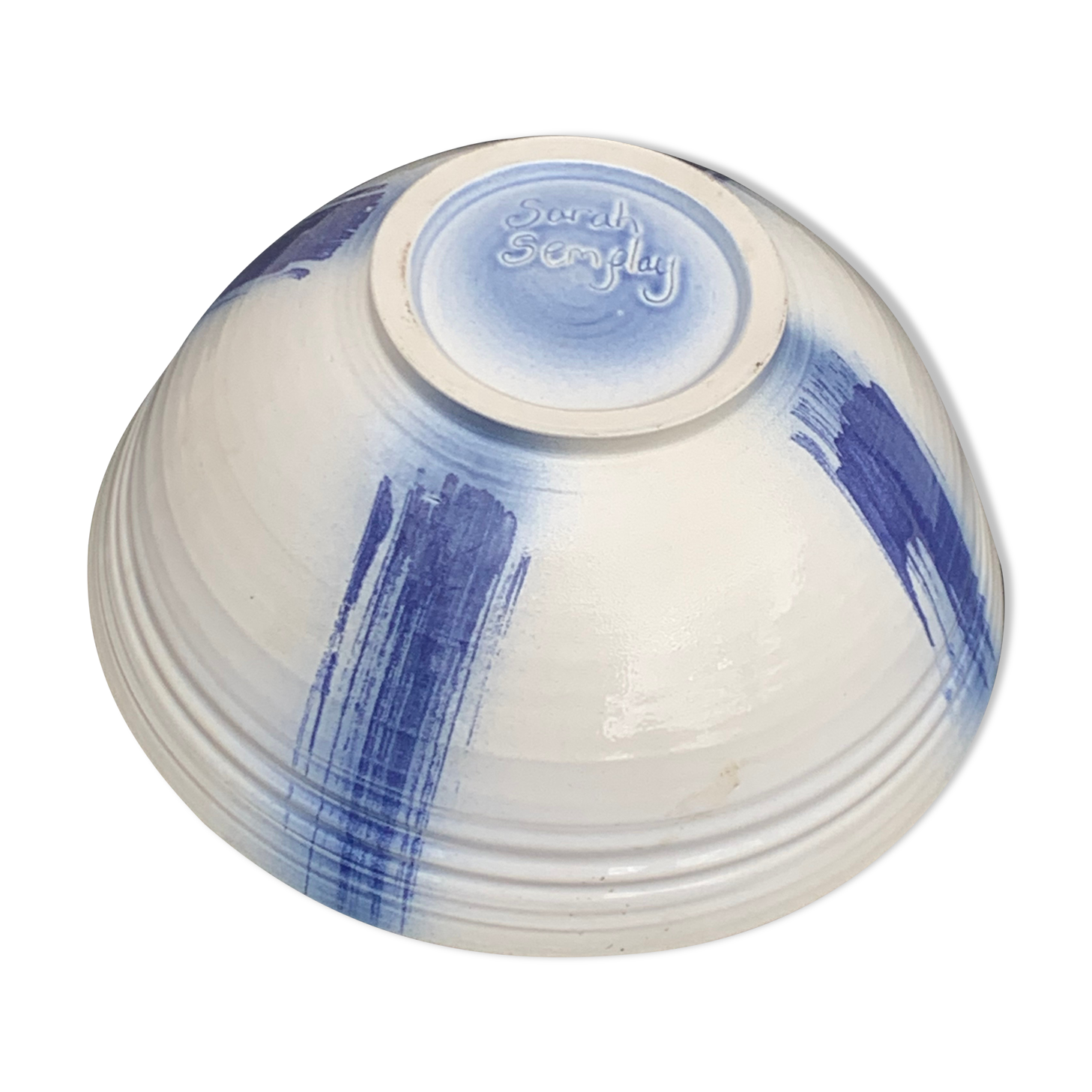 Glazed ceramic salad bowl signed by ceramicist Sarah Semplay vintage