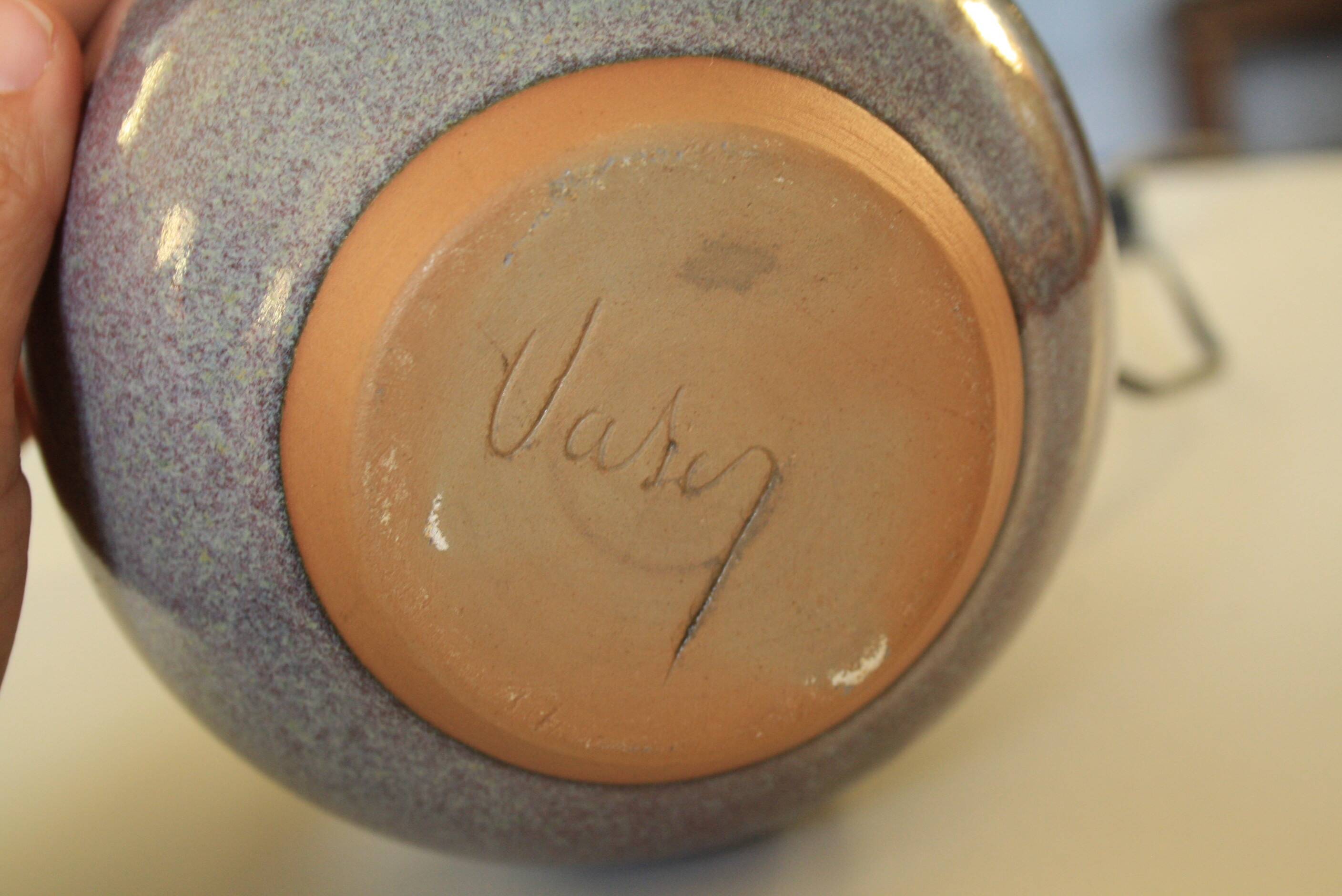 Signed ceramic lamp, rope lampshade