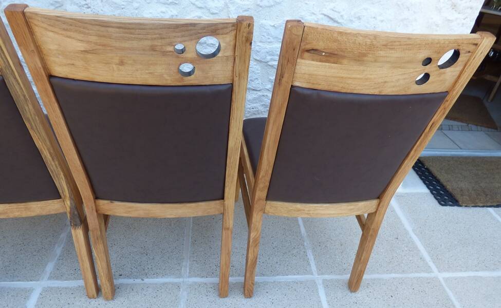 6 High-back chairs in high-quality, plush solid wood with brown faux leather