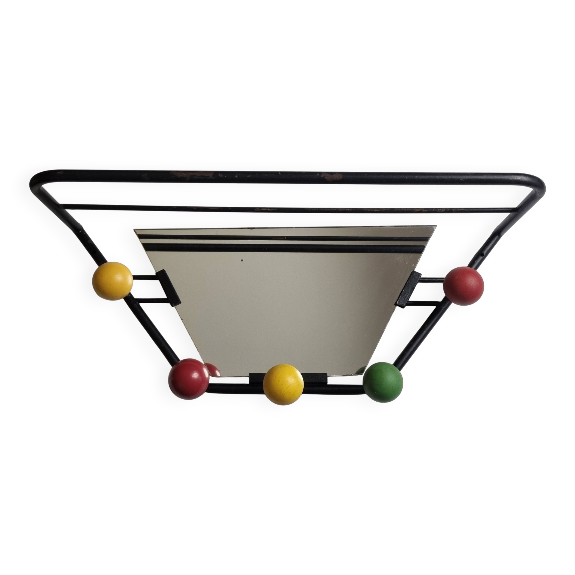 Wall-mounted coat rack with mirror, 5 hooks and hat holder from the 1950s-60s.