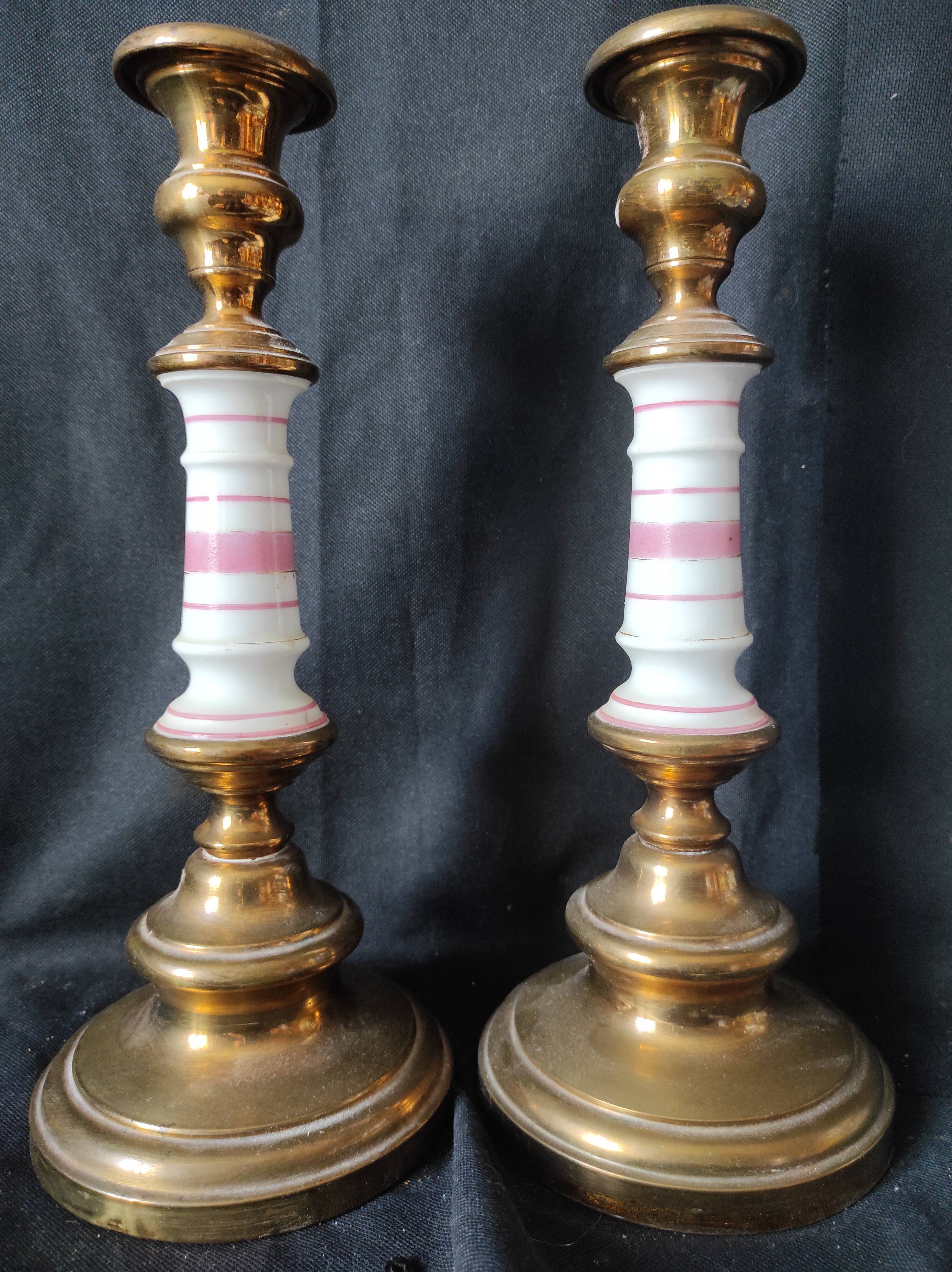 xix eme / pair brass porcelain candle holders