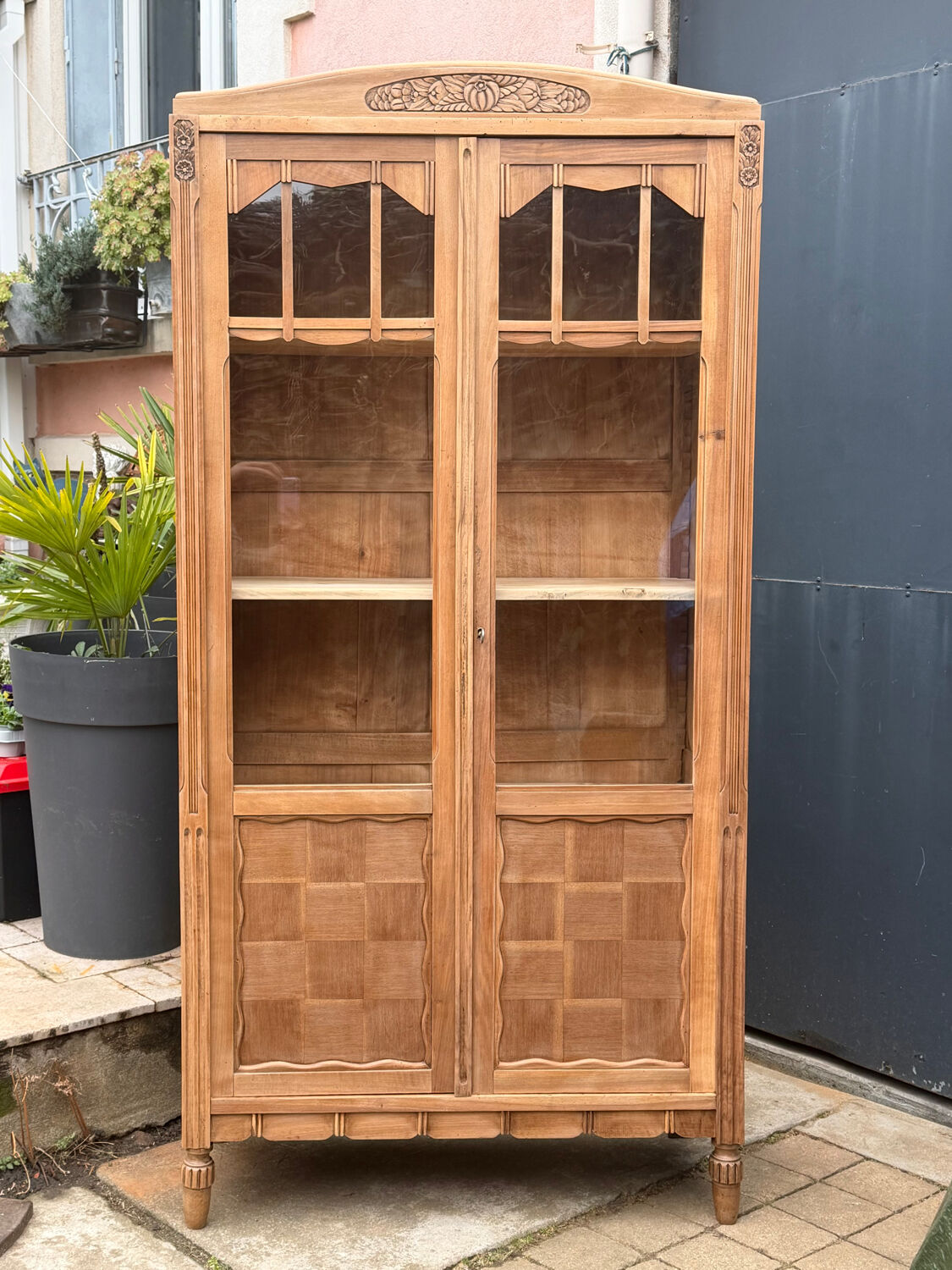 Parisian glass-fronted Art Deco wardrobe in solid raw walnut.