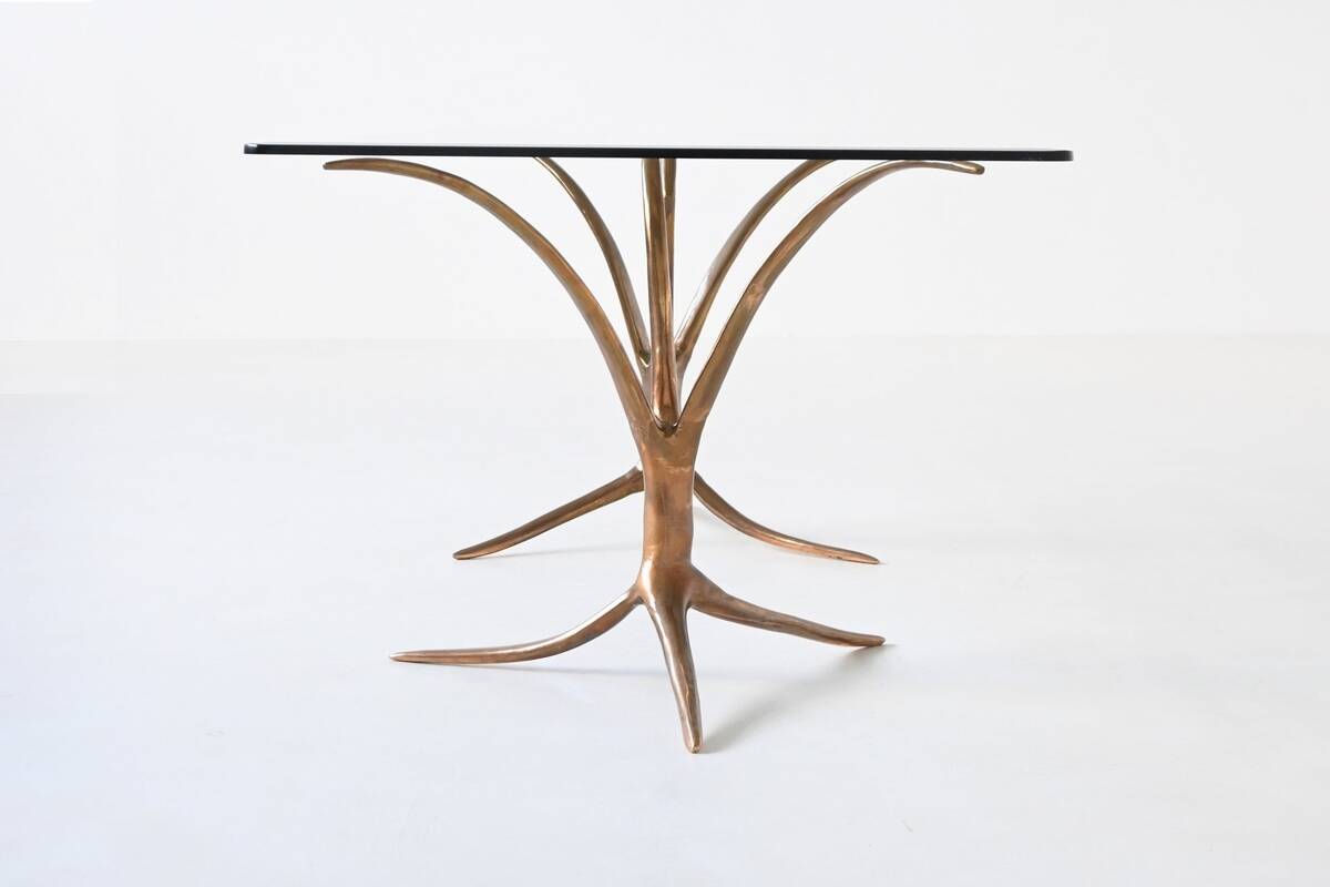 Unique sculptural dining table in bronze and glass, Belgium 1970.