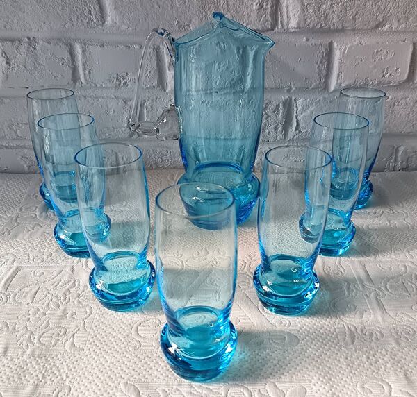 SERVICE à orangeade, pichet et  7 verres vintage verre turquoise