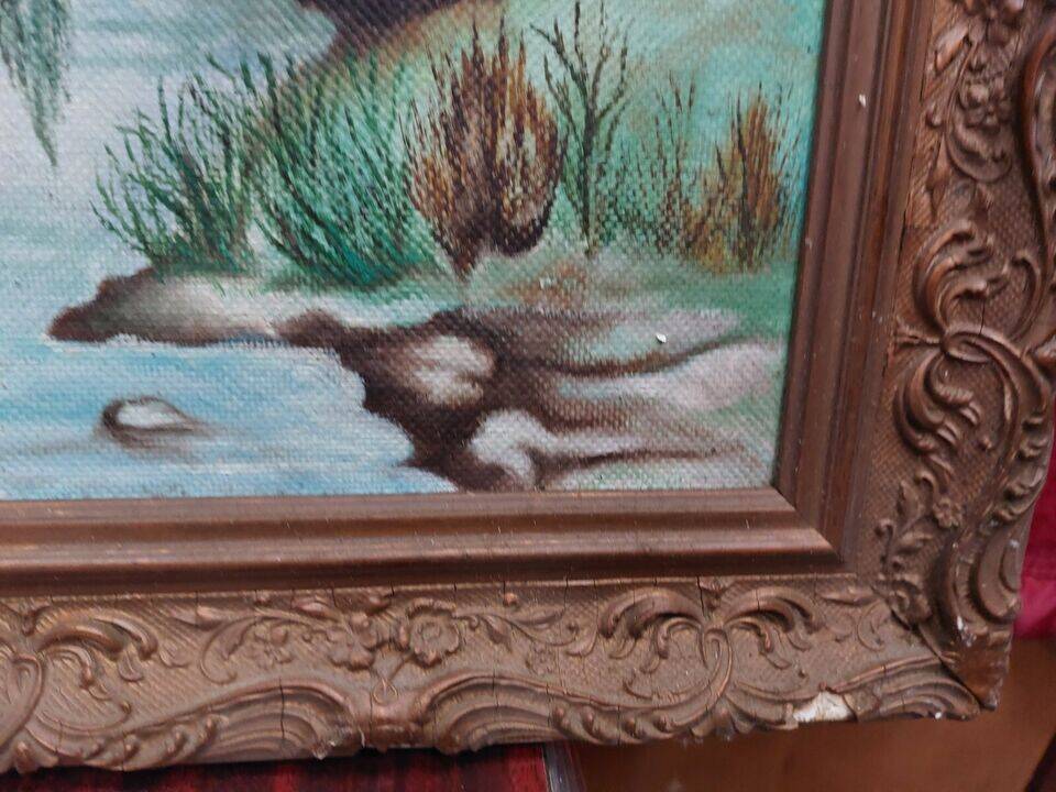 Oil on mounted panel lake landscape