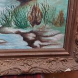 Oil on mounted panel lake landscape