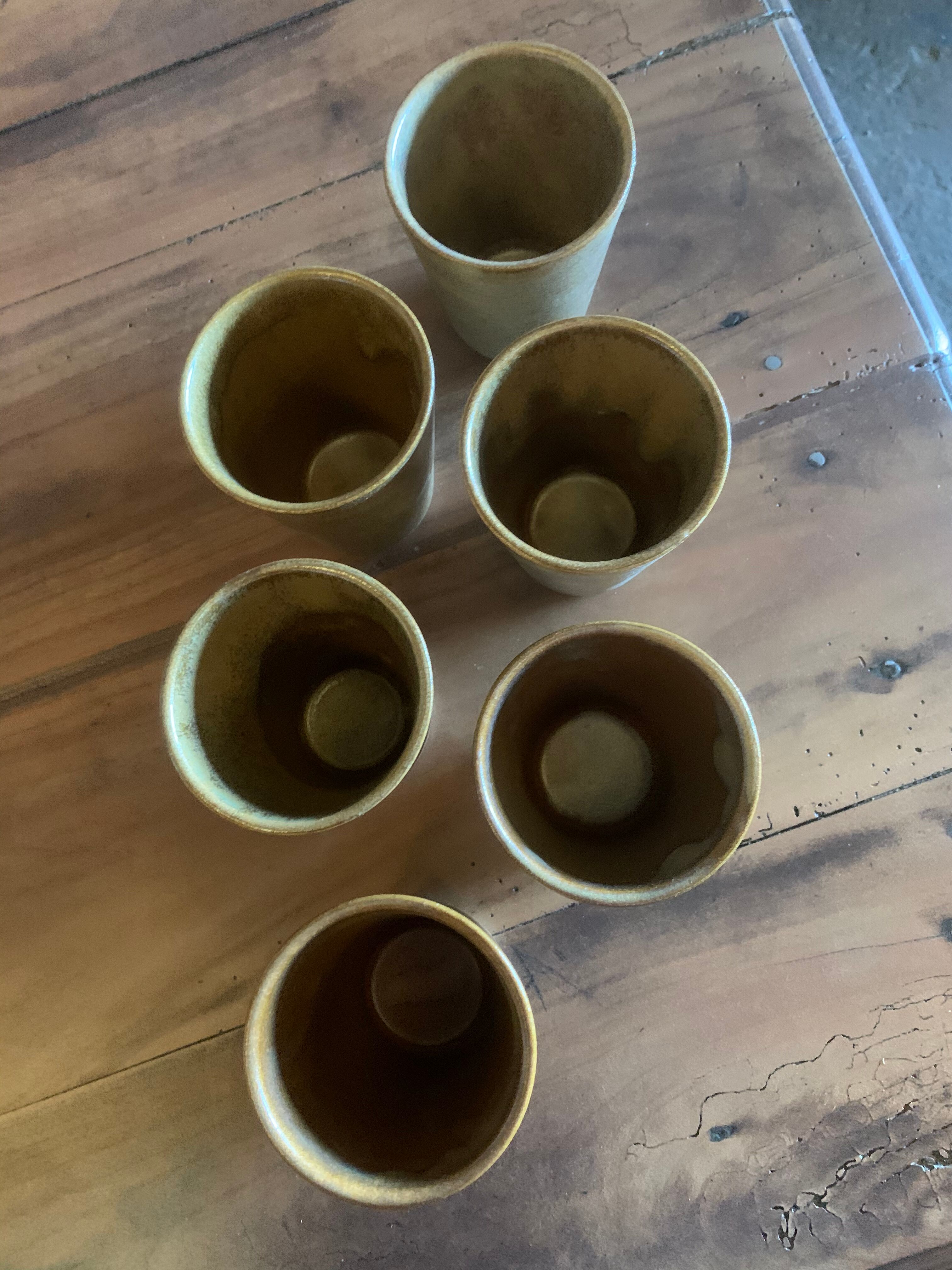 6 vintage Digoin sandstone mugs