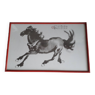 Tableau ancien oriental à l'encre représentant un cheval au galop.
