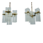 Pair of Brass and Glass Chandeliers by Gaetano Sciolari, Italy, 1970s