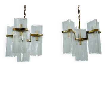 Pair of Brass and Glass Chandeliers by Gaetano Sciolari, Italy, 1970s