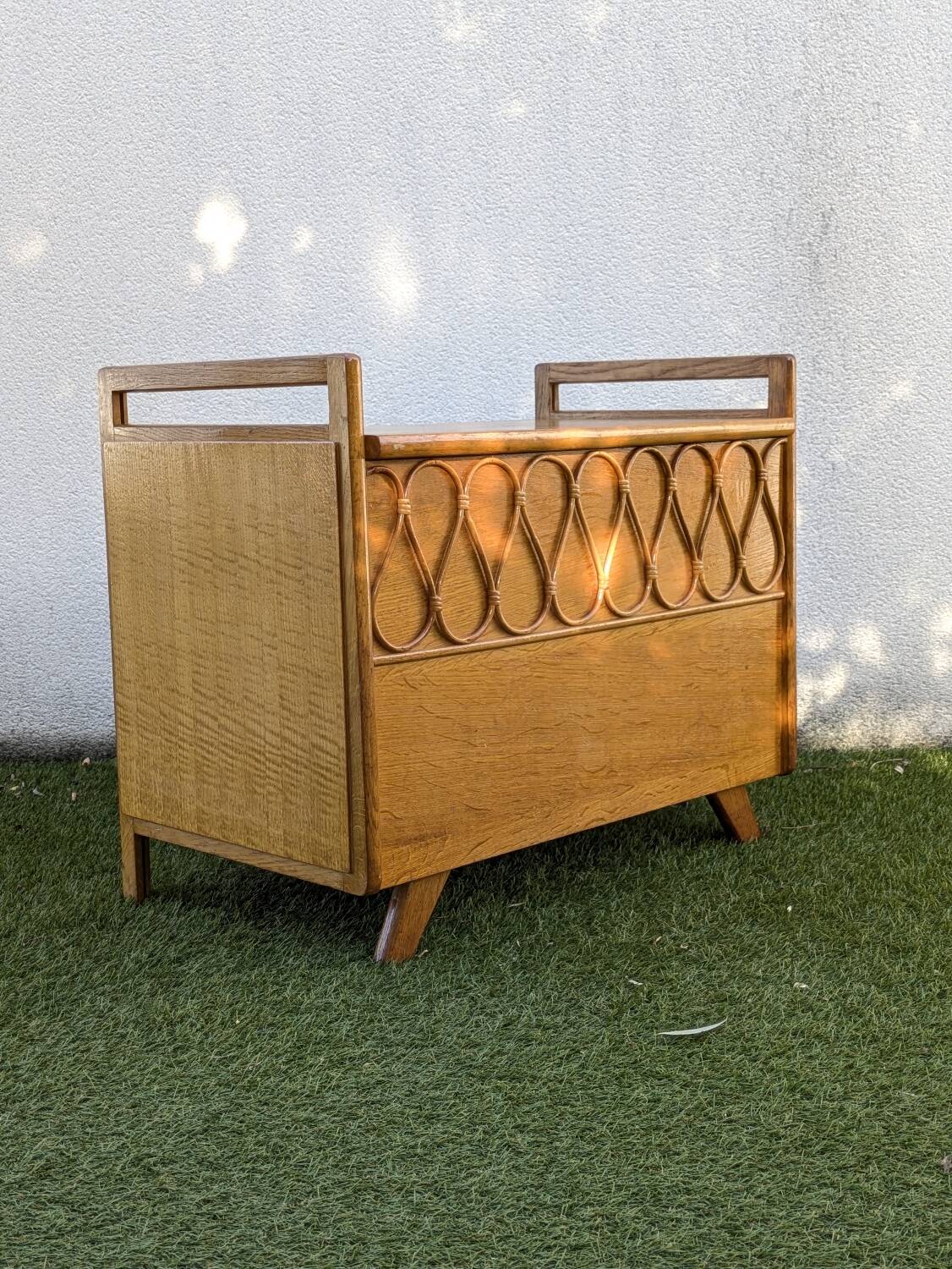 Vintage oak and rattan chest/bench – 1960s