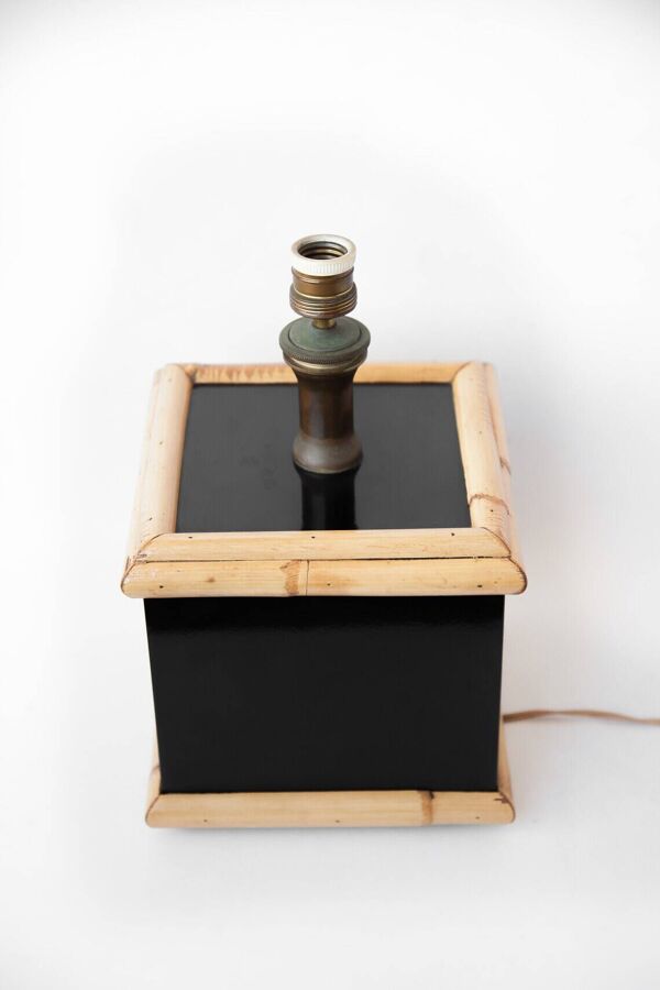 Lampe style Tommaso Barbi, lampe à poser, lampe de salon, lampe pied carré laqué noir et bambou