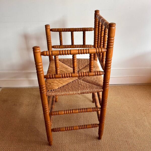 Chaise hollandaise antique à bobines avec assise en paille