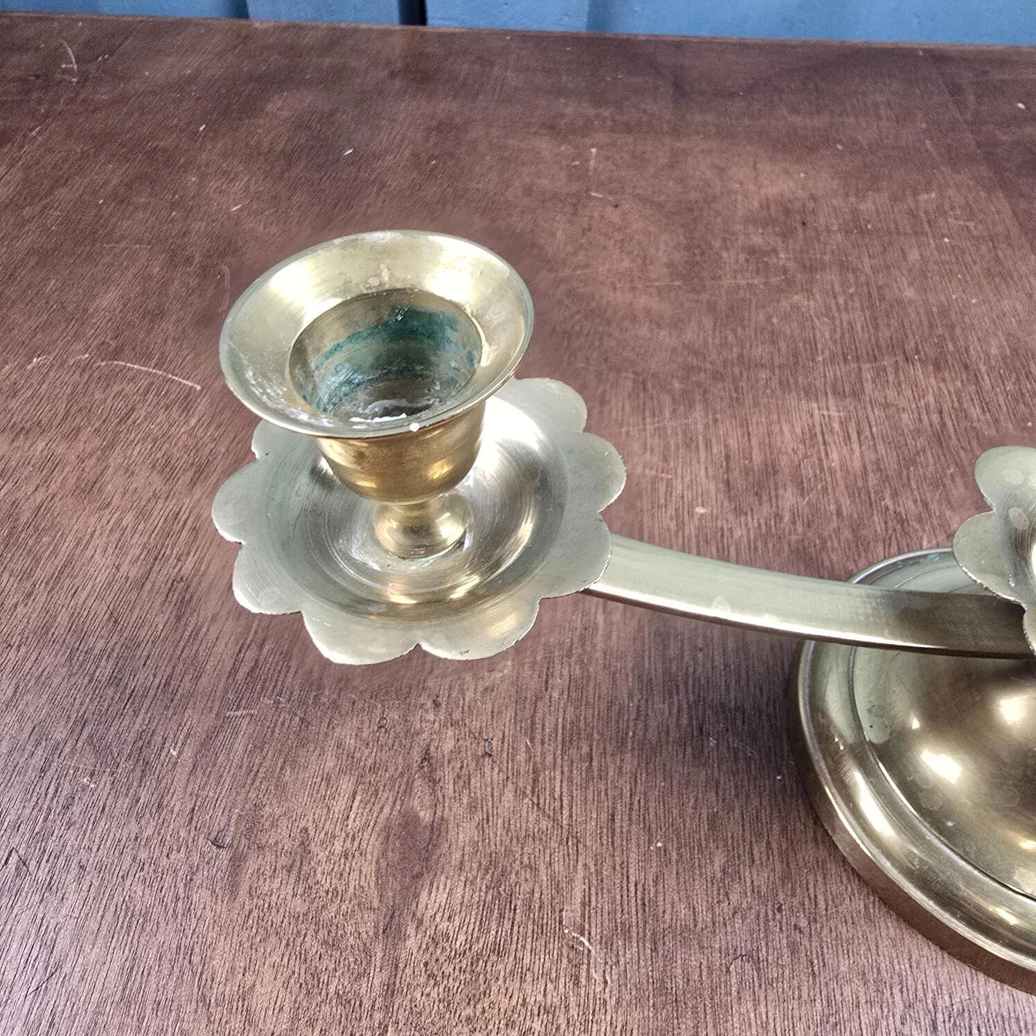 Vintage brass candle holder with 3 lights, flower drip trays, ideal for a centrepiece.