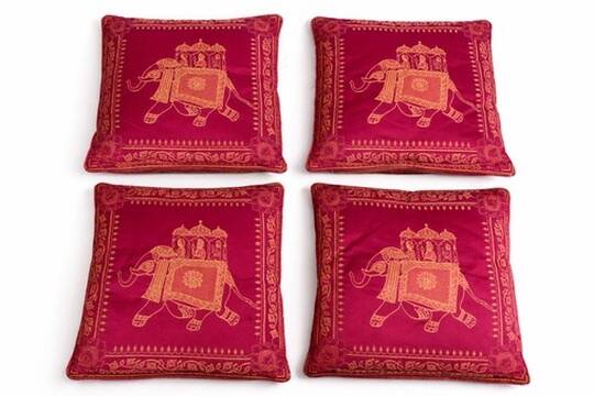 Set of 4 embroidered cushions with golden pink fuchsia elephant – 42x42 cm – front and back