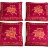 Set of 4 embroidered cushions with golden pink fuchsia elephant – 42x42 cm – front and back