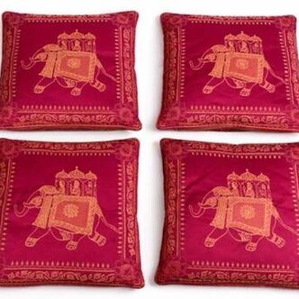 Set of 4 embroidered cushions with golden pink fuchsia elephant – 42x42 cm – front and back