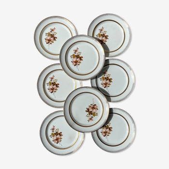 8 Petites assiettes en porcelaine OLYMPIA motif fleuris et dorure