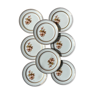8 small OLYMPIA porcelain plates with floral and gilded pattern