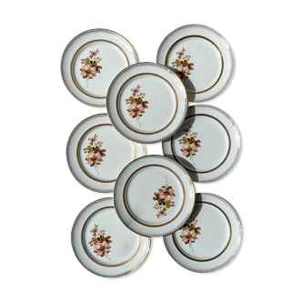 8 Petites assiettes en porcelaine OLYMPIA motif fleuris et dorure