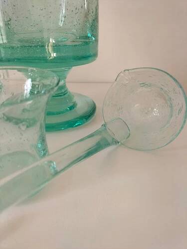 Service en verre soufflé bullé vert d'eau – Coupe sur pied, 5 tasses et louche