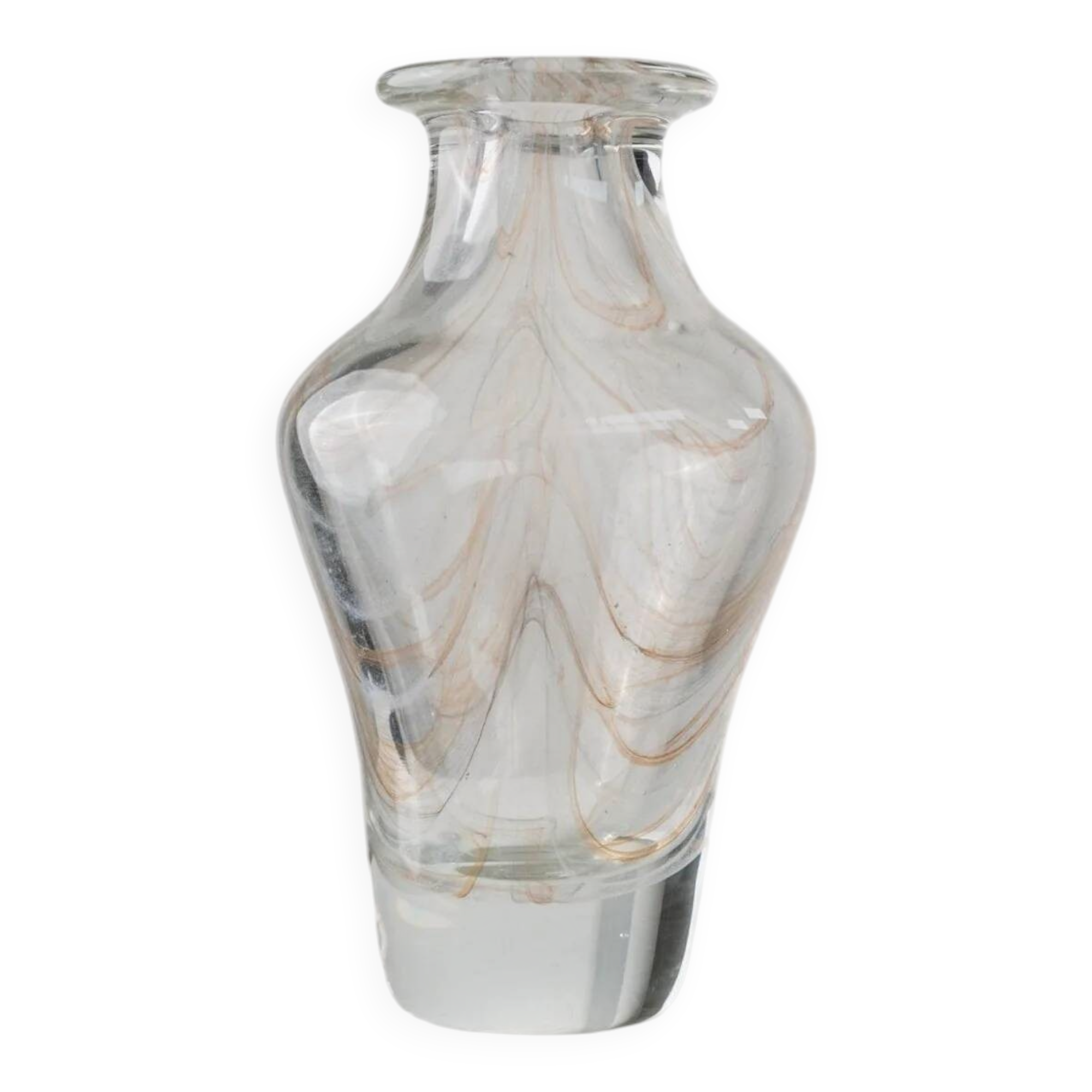 Vase en verre de Murano transparent avec de subtils tourbillons beiges - Verre clair lourd, décoration de table vintage italienne des années 1970