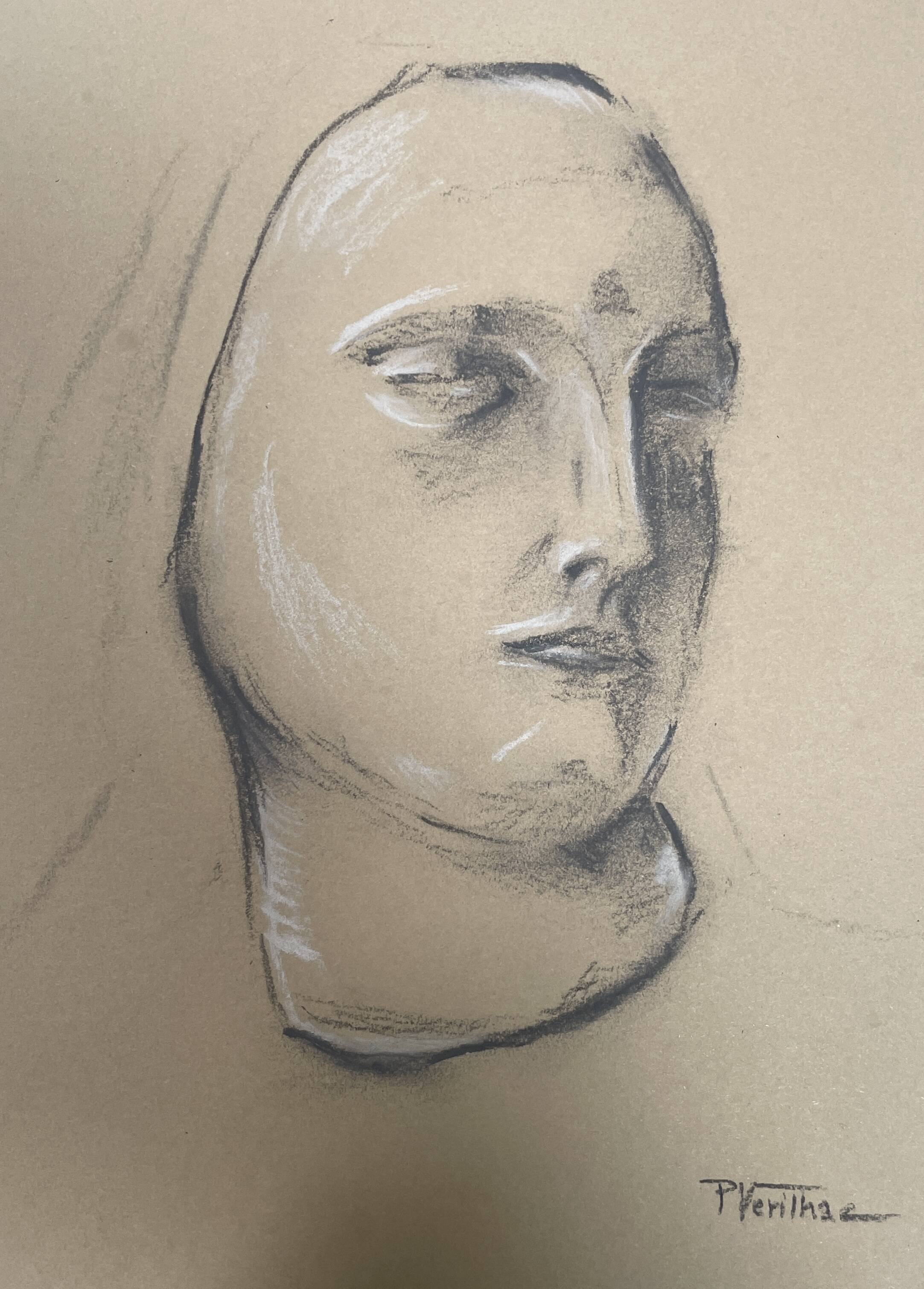 Signed drawing, charcoal study of a woman's face for workshop plaster.