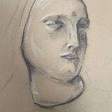 Signed drawing, charcoal study of a woman's face for workshop plaster.