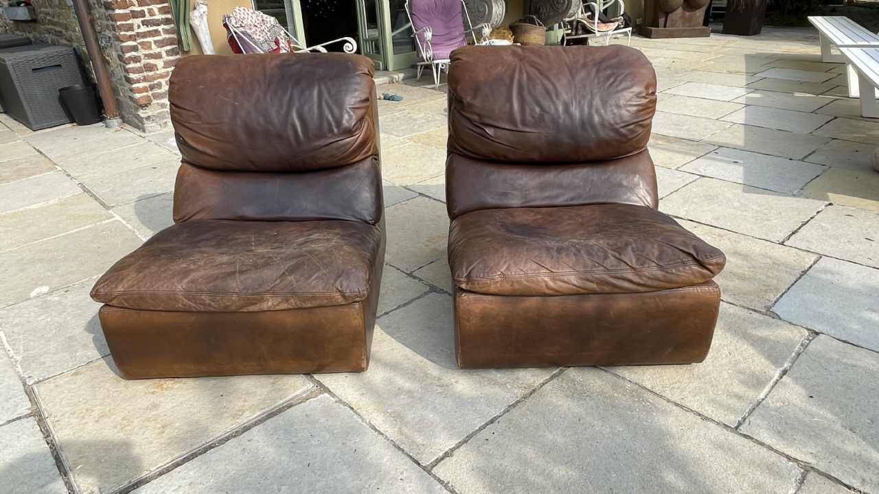 Pair of vintage leather armchairs / fireside chairs / clubs, 1970s