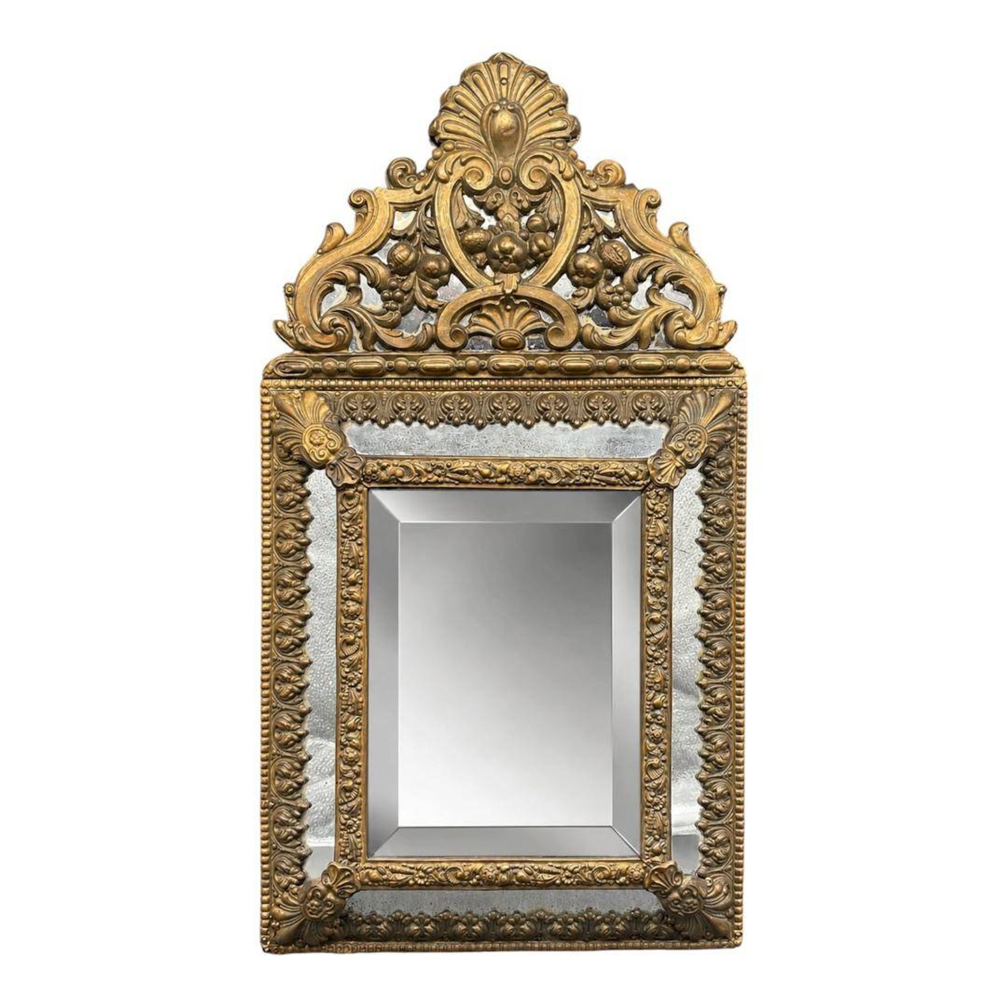 Small mirror with brass parcloses in repoussé style Louis XIV, late 19th century.