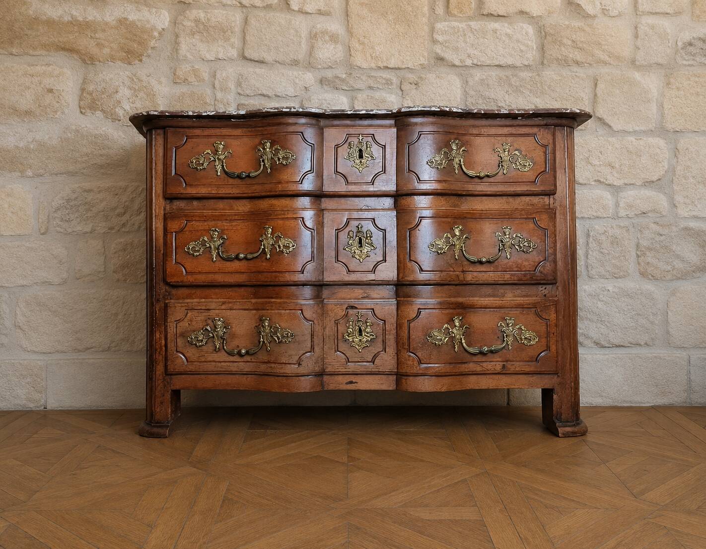 Regency period Arbalette commode in walnut – Marble top – Bronze fittings