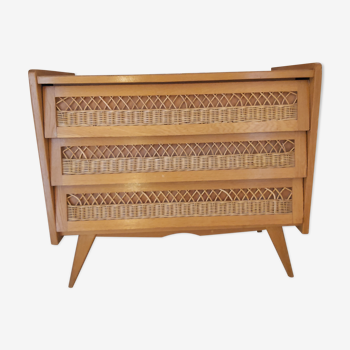 Commode 3 tiroirs bois et rotin vintage