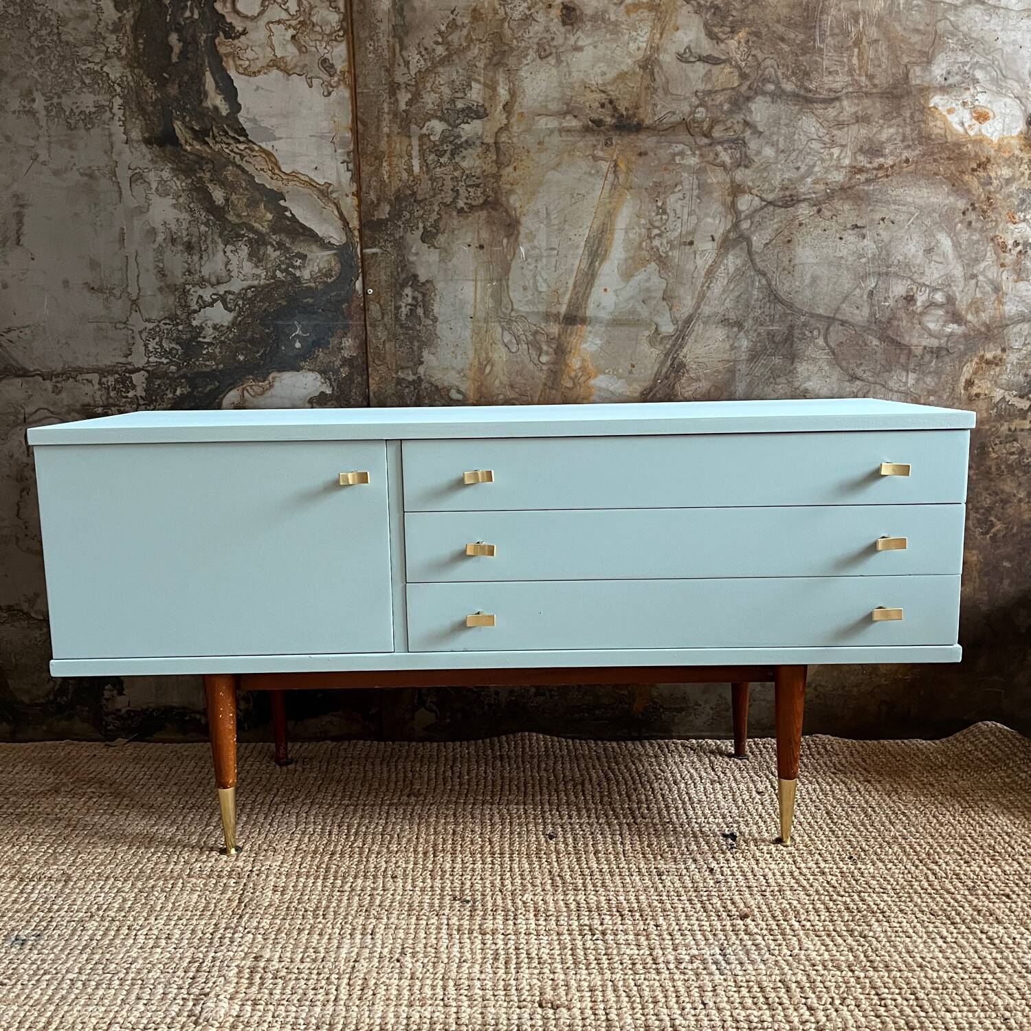 Seventies freshwater blue and brass sideboard