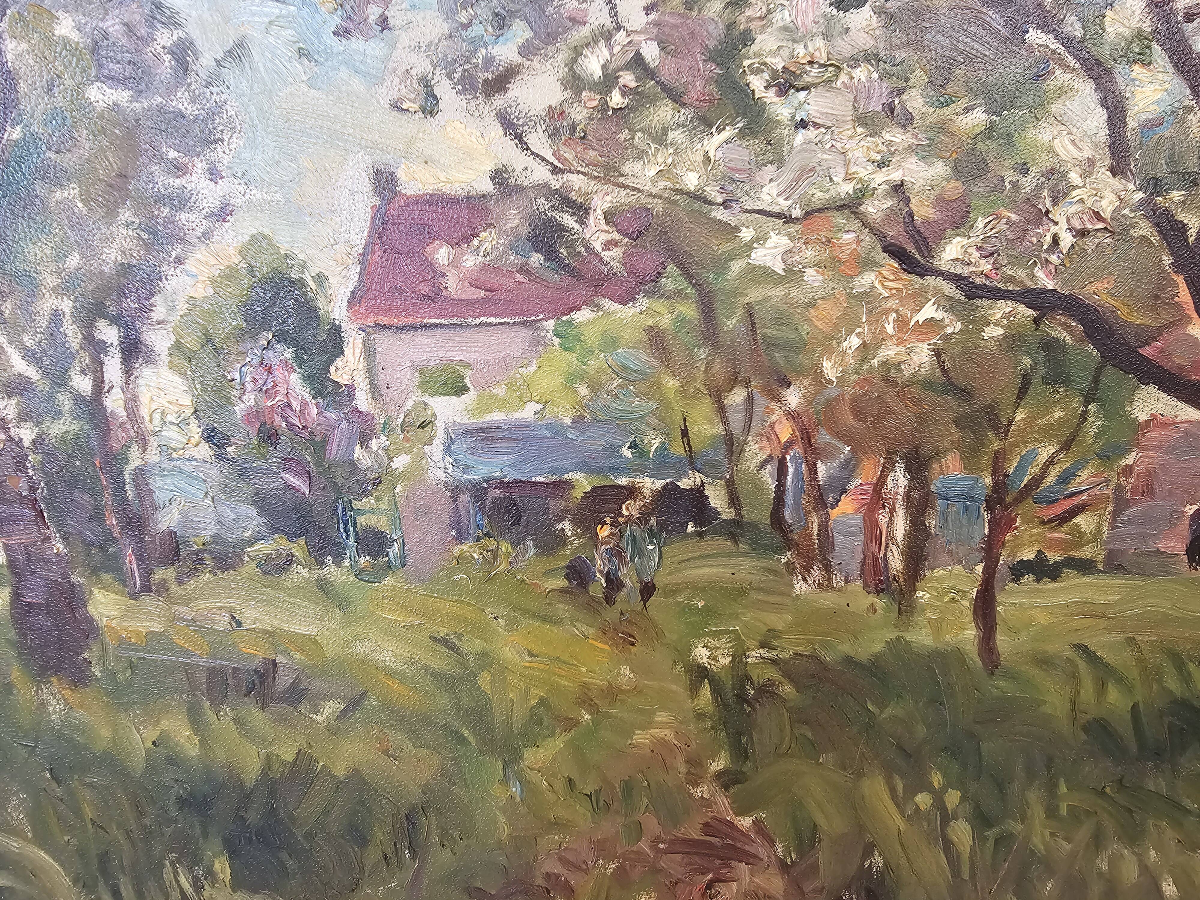 Tableau Huile sur Papier - Cours de ferme Pommiers en fleurs Signé J. Robin