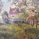 Tableau Huile sur Papier - Cours de ferme Pommiers en fleurs Signé J. Robin