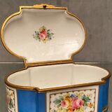 Domed porcelain box polychrome floral decoration on blue background brand Sèvres