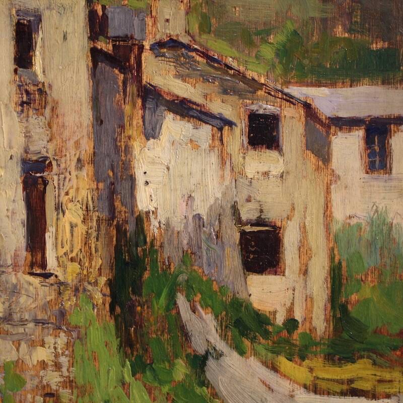 Italian landscape painting view of houses from the 20th century