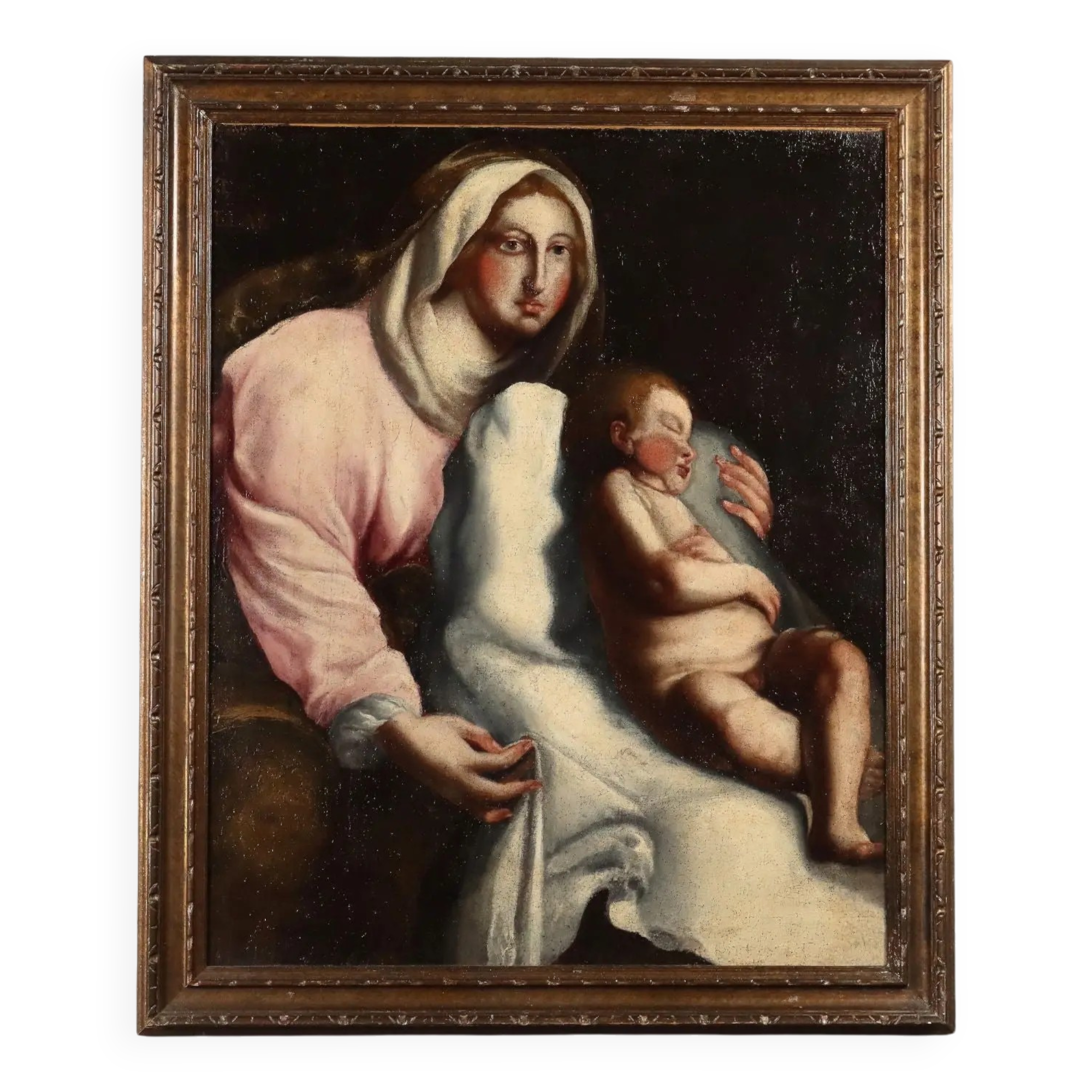 Ancient painting of the Virgin and Child, oil on canvas, 18th century.