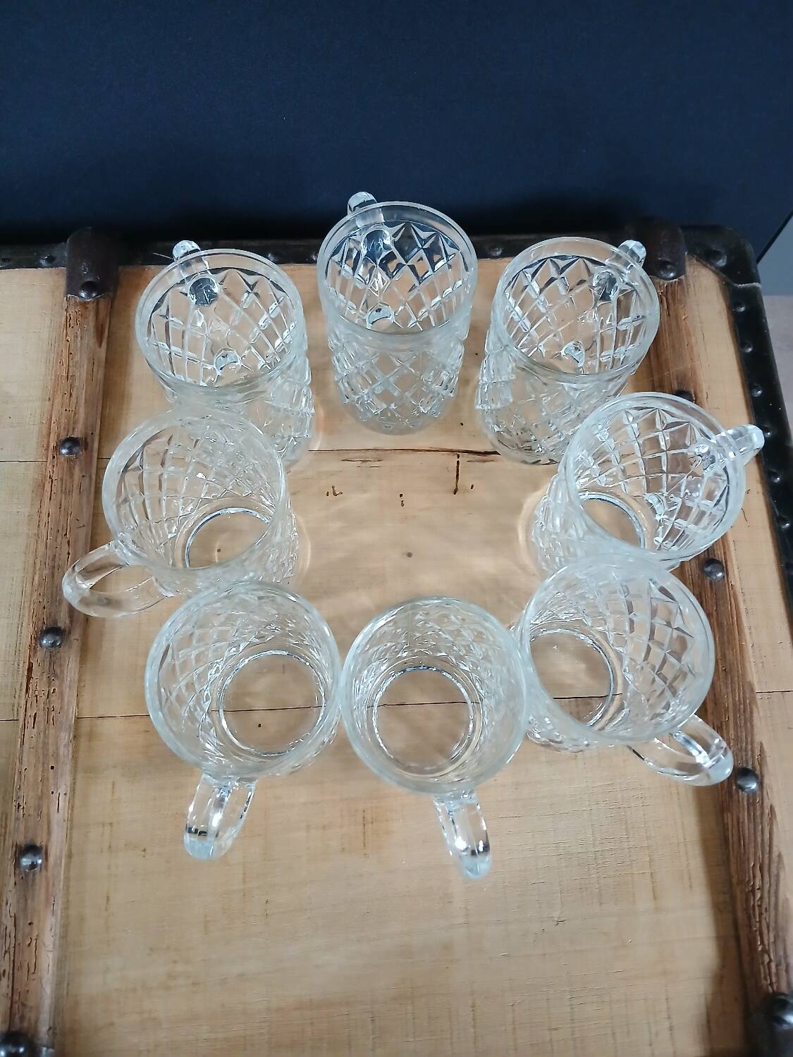 8 antique chiseled glass glasses / mugs