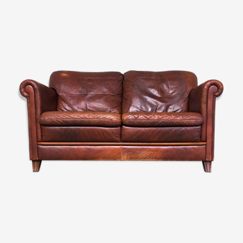 Classic Rustical Two Seater Sofa in Brown Leather