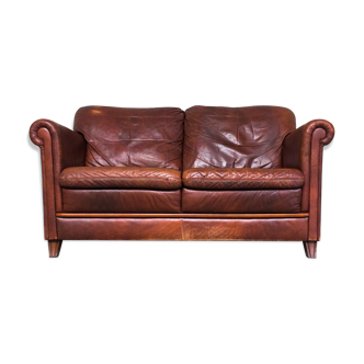 Classic Rustical Two Seater Sofa in Brown Leather