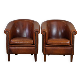 Set of 2 genuine sheepskin leather club armchairs with beautiful colors