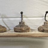 Antique teak coat rack with 3 wrought iron hooks