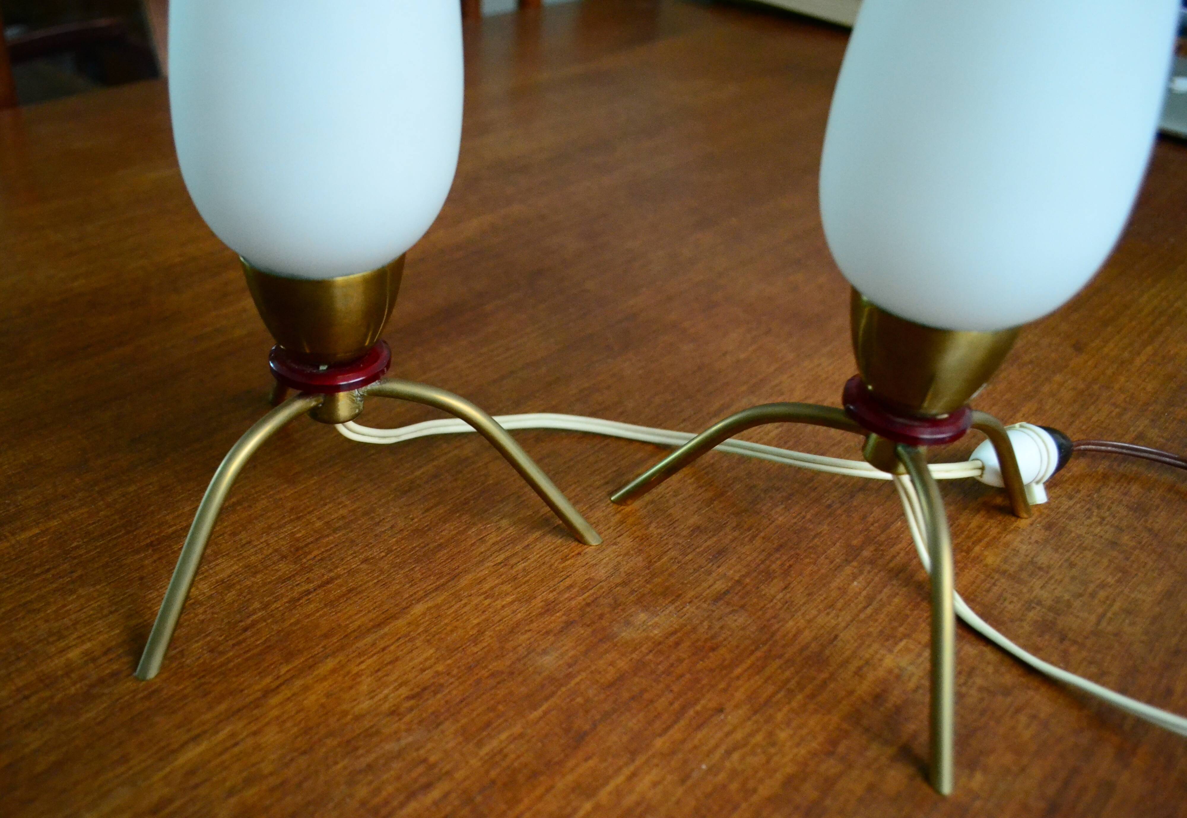 Pair of opaline tripod bedside lamps