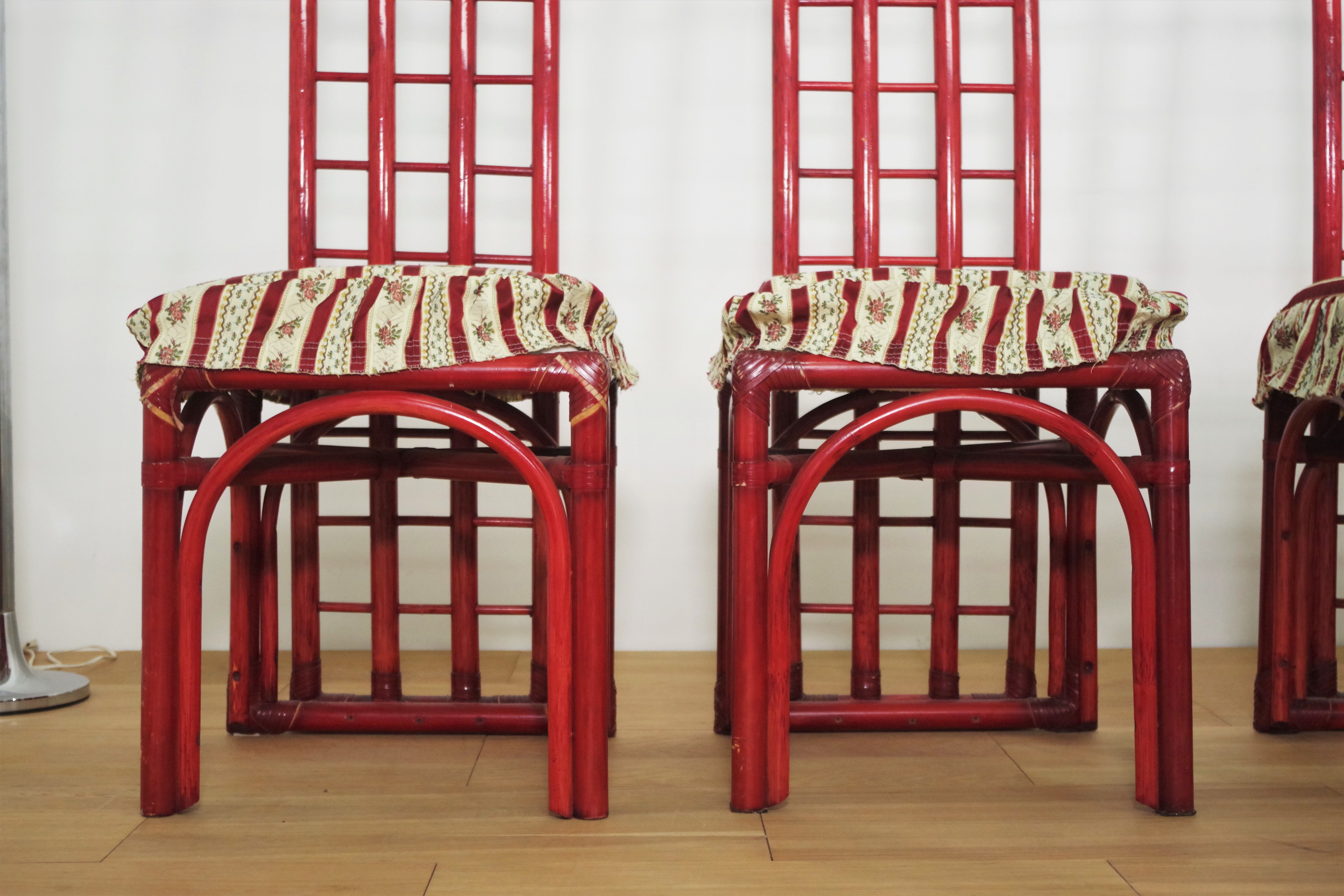 Red bamboo table by Arturo Pozzoli, 1980s, set of 7